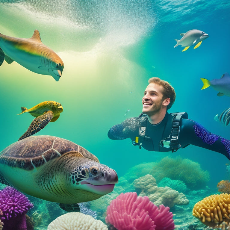 A serene underwater scene featuring Freddie, a smiling diver, surrounded by a school of rainbow-colored fish, a gentle sea turtle, and a dolphin, with coral reefs and seaweed in the background.