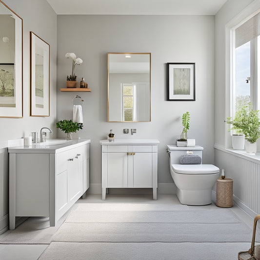 A serene, well-lit bathroom with a minimalist aesthetic, featuring a freestanding tub, a wall-mounted sink, and a sleek, floor-to-ceiling storage unit filled with neatly organized, white bathroom essentials.