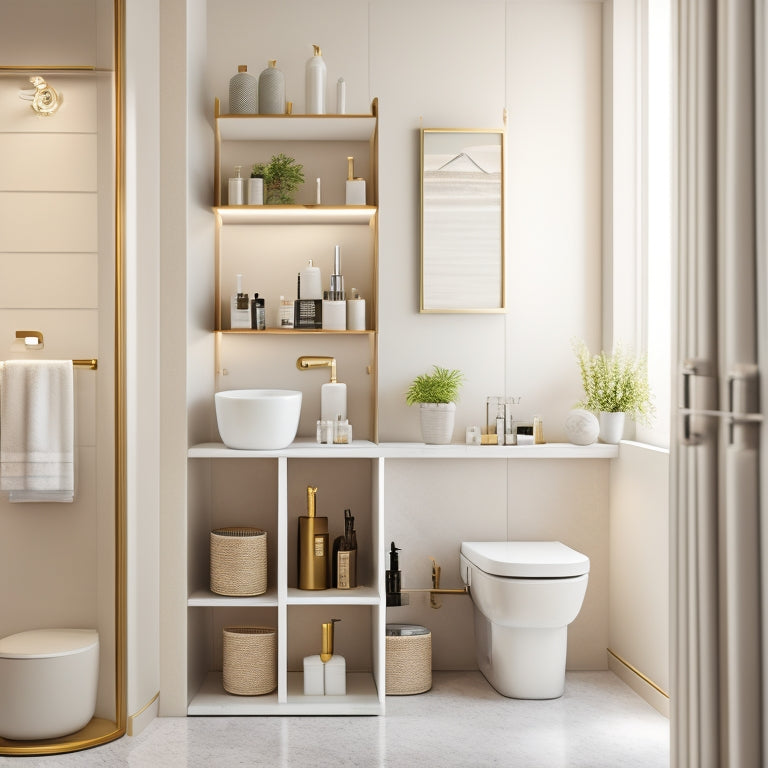 A modern bathroom featuring sleek, rotating storage solutions: a circular shelving unit, elegant cabinets with smooth rotation, and organized toiletries, all set against a serene, neutral-toned backdrop with soft lighting.