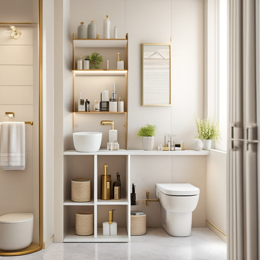 A modern bathroom featuring sleek, rotating storage solutions: a circular shelving unit, elegant cabinets with smooth rotation, and organized toiletries, all set against a serene, neutral-toned backdrop with soft lighting.