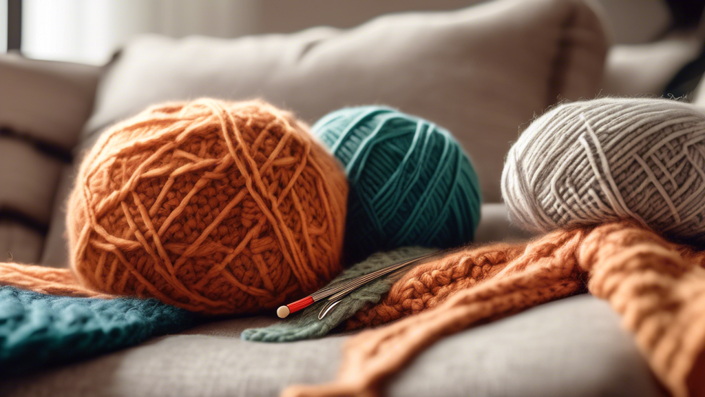 Create an image of a cozy living room filled with yarn, knitting needles, and a beginner-friendly knitting pattern book. Show a person happily knitting a simple project, such as a scarf or a hat, with a big smile on their face. Capture the warmth and