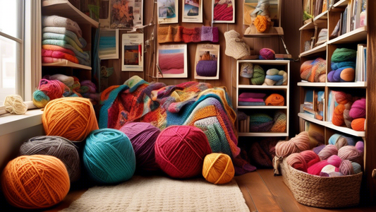 Create an image of a cozy, well-lit room with shelves filled with various knitting and crocheting magazines. The image should capture the warmth and creativity associated with these crafts, featuring colorful yarn, different types of needles and hook