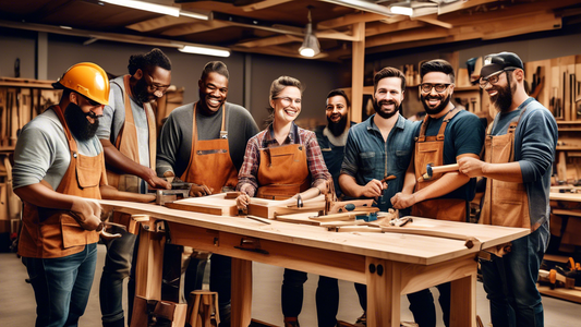 Create an image of a diverse group of carpenters gathered together in a woodworking workshop, collaborating and exchanging ideas on various projects while surrounded by tools, wood materials, and finished wooden creations. The atmosphere should be bu