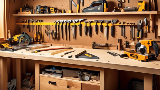 Create an image of a well-organized workbench showcasing the essential woodworking tools for accurate cuts, such as a high-quality table saw, a precise miter saw, a sharp hand saw, a reliable measuring tape, a sturdy carpenter's square, and a set of 