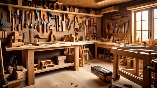 Create an image of a carpentry workshop scene with a variety of activities that can help improve carpentry skills, such as measuring and cutting wood, sanding, assembling furniture, staining, and using different types of tools like saws, drills, and 