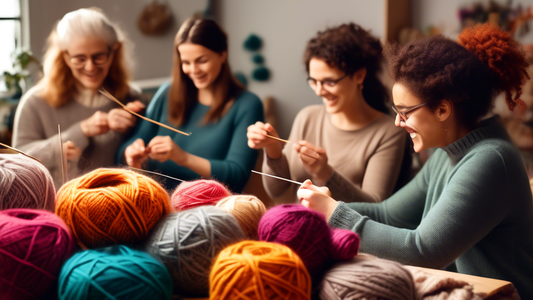 Create an image of a cozy, well-lit knitting workshop filled with colorful yarn, knitting needles, and a group of enthusiastic knitters of all ages and backgrounds, engaged in creating beautiful handmade creations together. The atmosphere should be i