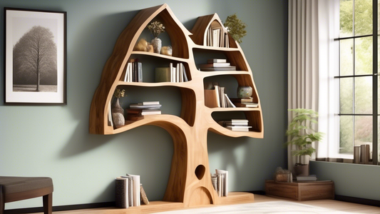 Create an image of a uniquely designed piece of carpentry, such as a whimsical bookshelf shaped like a tree, with various nooks and crannies to place books and decor items. Show the intricate details and creativity in the craftsmanship that can inspi