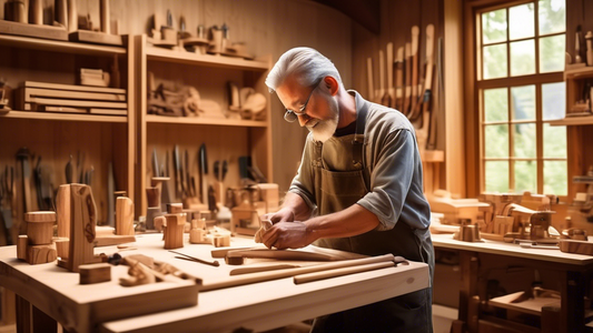 Create an image of a serene woodworking workshop, filled with natural light filtering through the windows and casting a warm glow on the well-organized tools and intricate wooden creations. Show a craftsman peacefully engrossed in their work, focusin