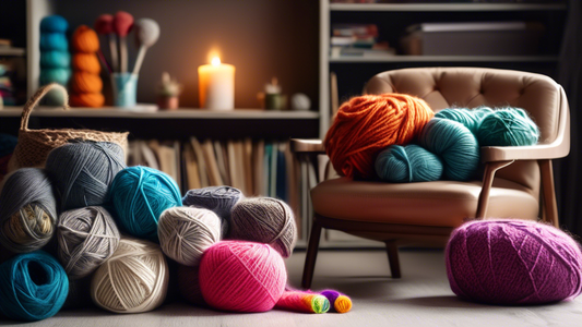 Create an image of a cozy, well-lit room with a comfy armchair, surrounded by skeins of colorful yarn and various knitting and crocheting supplies, such as needles, hooks, and patterns. Display a laptop or tablet showing a list of Top 10 Online Class