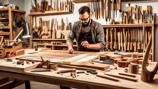 Create an image of a diverse range of woodworking projects, from unique furniture pieces to handcrafted home decor items, displayed in a modern workshop setting. Show tools and materials commonly used in woodworking, along with a small business owner