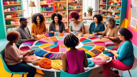 Create an image of a diverse group of people sitting around a large circular table, each engaged in knitting or crocheting different colorful patterns. The room is bright and filled with shelves of yarn of various colors and textures. Above the table