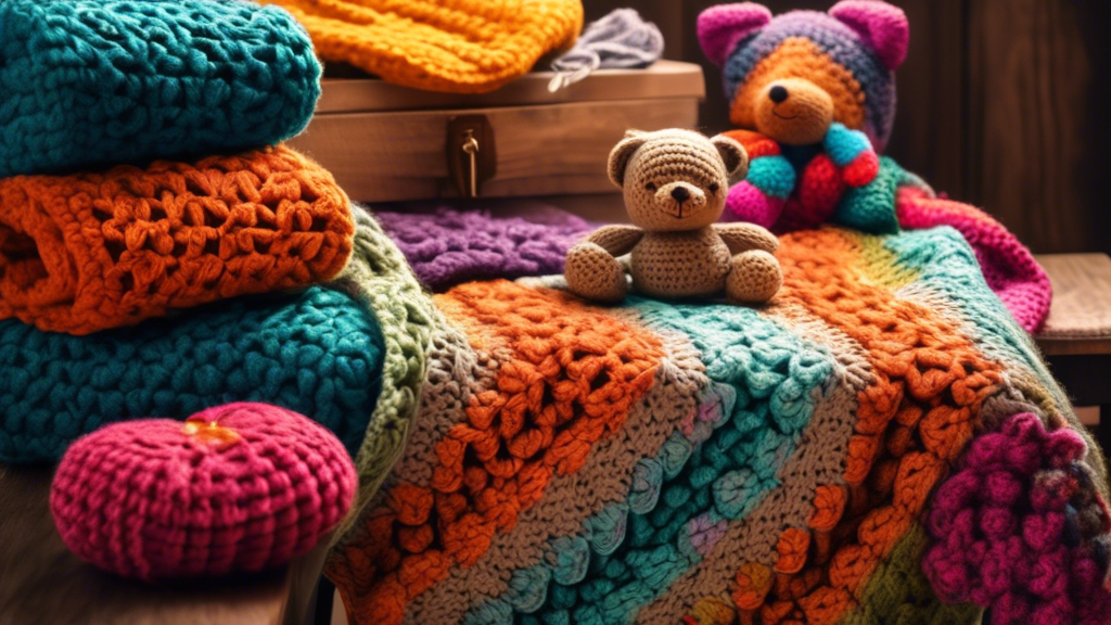 Create an image of a cozy, hand-crocheted blanket draped over a wooden chair, surrounded by a colorful array of crocheted gifts such as hats, scarves, and plush toys. The scene should capture the warmth and personal touch of homemade crochet gifts, p