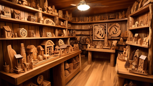 Create an image of a rustic wooden gift shop filled with intricate handmade wooden creations such as decorative carvings, keepsake boxes, and personalized signs. Each item is beautifully displayed on wooden shelves, highlighting the craftsmanship and