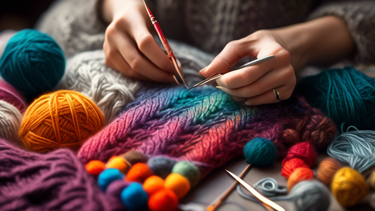 An image of a skilled knitter working on an intricate cable knit sweater pattern, surrounded by a variety of colorful yarn balls, knitting needles, stitch markers, and a notebook filled with advanced knitting techniques. The knitter is focused and de