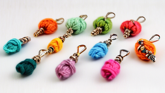 Create an image of a colorful assortment of handmade knitting stitch markers, showcasing 10 unique and creative designs. Each stitch marker should be visually distinct and feature different materials or shapes, such as beads, charms, feathers, or tin