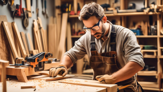 Create an image of a beginner woodworker in a workshop, carefully measuring and cutting wood for a project. The workshop should be well-lit and organized, with various woodworking tools and materials visible in the background. The woodworker should h