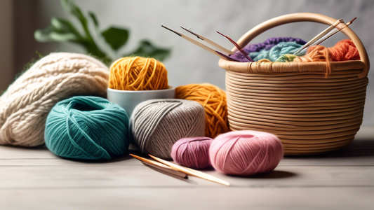 Create an image of a cozy knitting corner with a basket filled with a variety of colorful and soft organic yarns made from eco-friendly materials like cotton, bamboo, or hemp. Show a pair of knitting needles or a crochet hook, a cup of tea, and a pla