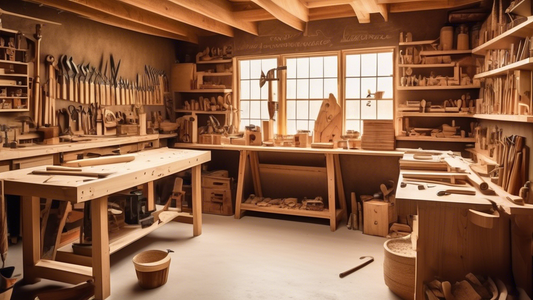 A cozy woodworking workshop bathed in warm natural light, with tools neatly arranged on a workbench, sawdust scattered on the ground, and a shelf displaying a collection of handcrafted wooden items. The walls are adorned with inspirational quotes abo