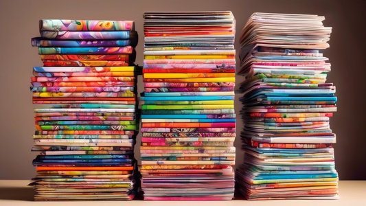Create an image of a stack of colorful craft magazines with artistic covers, arranged in a stylish and artistic way to attract creative minds. The magazines should feature various DIY projects and crafting ideas, showcasing different creative mediums