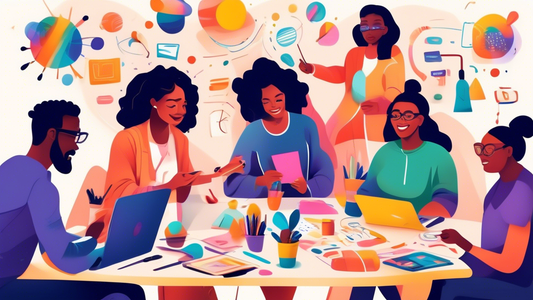 Create an image of a diverse group of people gathered in a vibrant space, engaging in collaborative activities such as brainstorming, discussion, and creating art together. The setting should reflect a sense of community and creativity, with colorful