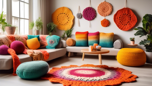 Create an image of a cozy living room with handmade crocheted decorations like throw pillows, blankets, and wall hangings. The scene should depict a warm and inviting atmosphere, showcasing the beauty and versatility of crochet in home decor.