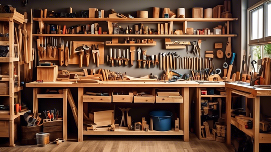 Create an image of a cozy and inviting workshop space filled with various tools and materials for carpentry work. The workshop should have wooden workbenches, shelves with neatly organized tools, and creative woodworking projects on display. The ambi