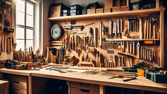 Create an image of a meticulously organized carpentry workshop, filled with various tools, materials, and a detailed project plan checklist displayed prominently on a workbench. The checklist should include items such as measuring tools, safety equip