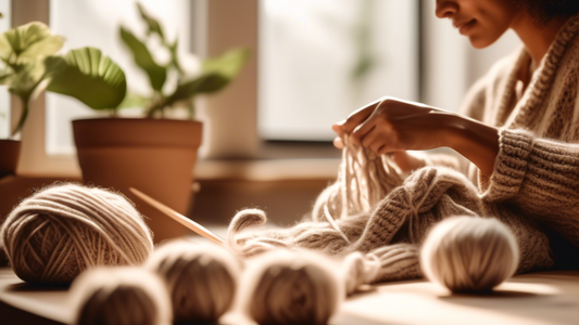 Create an image of a person knitting with a ball of eco-friendly organic yarn in a cozy, sunlit room surrounded by plants and sustainable crafting materials. The scene should capture the serenity and satisfaction of engaging in sustainable crafting p