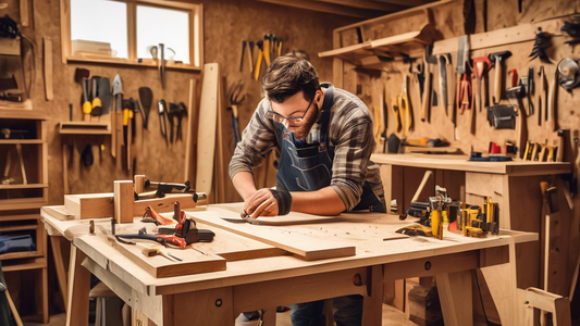 Create an image of a person working on a DIY carpentry project in a cozy workshop setting. The person should be seen measuring, cutting, and assembling wood to create a small item like a wooden stool, birdhouse, or picture frame. Make sure to include
