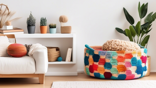 Create an image of a cozy living room with various DIY crochet storage solutions, such as baskets, containers, and hanging organizers, showcasing the beauty and functionality of handmade crochet pieces in organizing clutter.