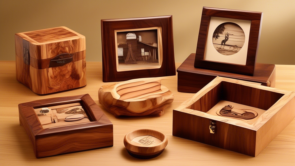 Create an image of a variety of beautifully crafted woodworking gifts, such as a hand-carved wooden bowl, a custom wooden picture frame, a set of handcrafted wooden coasters, a decorative wooden jewelry box, and a sleek wooden bottle opener. Each ite