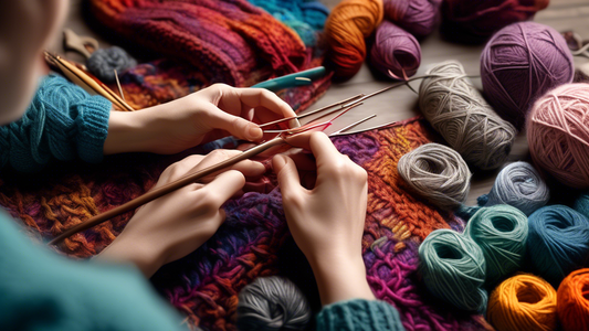 An intricate and detailed image of an expert knitter working on a complex knitting project, surrounded by various skeins of colorful yarn, knitting needles, and pattern books. The knitter's hands are skillfully maneuvering the needles to create a bea