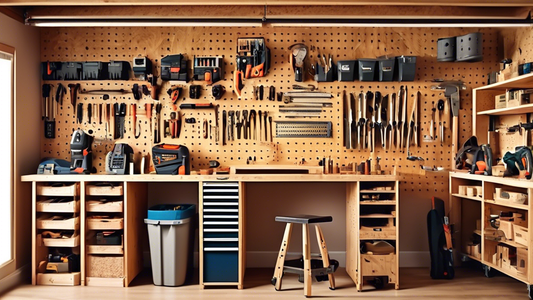Create an image of a well-organized woodworking workshop with the 5 essential organization tools displayed and labeled: pegboard for tool storage, tool chest for easy access, wall-mounted shelves for storage containers, workbench with integrated stor
