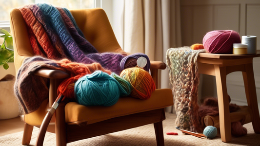 Create an image of a cozy, well-loved armchair filled with an assortment of essential knitting tools and accessories, such as a colorful selection of yarn skeins, a set of smooth wooden knitting needles, a tape measure, stitch markers, a pair of scis