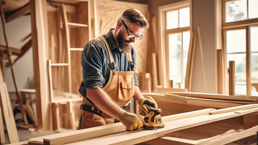 Create an image of a skilled carpenter working on a home renovation project, showcasing the top 5 tips for carpentry during the renovation process. The image should include elements such as proper measurement techniques, using the right tools, select