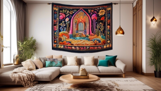 Create an image of a cozy living room with a stunning embroidered tapestry hanging on the wall as the focal point. The tapestry features intricate and unique embroidery patterns in vibrant colors, adding a touch of elegance and creativity to the room