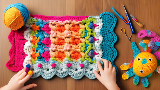 Create an image of a colorful and engaging crochet project specifically designed for kids, with step-by-step instructions displayed in a fun and educational format. The image should showcase materials like yarn, crochet hook, and a playful design tak