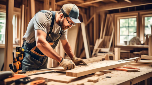 Please generate an image of a carpenter working on renovating a home, demonstrating essential carpentry tips such as measuring accurately, cutting precisely, and using proper safety equipment. Show the carpenter focused and engaged in their work, sur