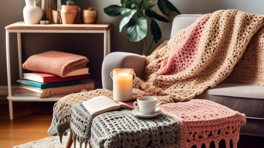 Create an image of a cozy and inviting vintage living room filled with crochet blankets, throw pillows, and various crochet decorations. Show a stack of vintage crochet pattern books on a coffee table and a person sitting on a comfortable armchair, f
