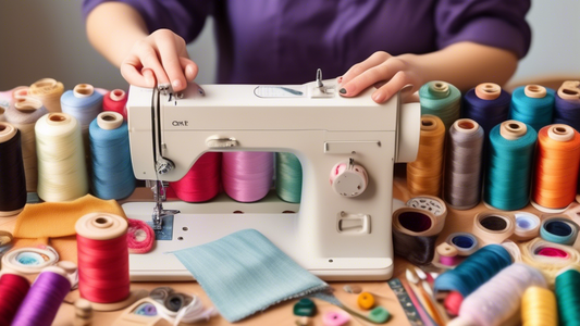 Create an image of a novice seamstress sitting at a sewing machine, surrounded by colorful spools of thread, embroidery hoops, and a variety of fabric swatches. The beginner is focusing intently on a piece of fabric, carefully stitching a simple patt
