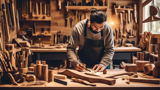 Create an image of a person in a peaceful woodworking workshop, surrounded by various tools and pieces of wood. The person should be fully focused on the task at hand, embodying a sense of calm and mindfulness. The workshop should be filled with warm