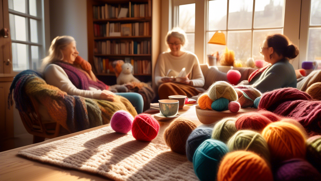 Create an image of a cozy and inviting living room setting with a large wooden table filled with colorful balls of yarn, knitting needles, pattern books, and cups of tea. In the background, a group of diverse and happy knitters are sitting in comfort