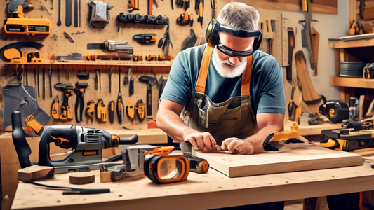 Create an image of a workshop scene with a person wearing safety goggles and ear protection while operating power tools. Show various woodworking tools such as saws, drills, and sanders neatly organized on a workbench. Display safety posters with ins