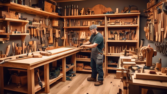 Create an image of a cozy woodworking workshop with various tools and materials neatly organized on shelves and workbenches. Show a craftsman diligently working on a beautiful handcrafted wooden product, surrounded by finished projects showcasing dif