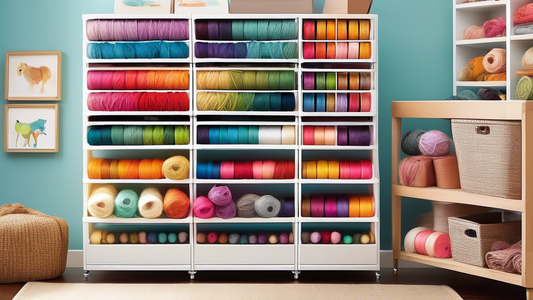 Create an image of a colorful and well-organized yarn storage system, showcasing various creative ways to store and display yarn in a tidy and efficient manner. The image should feature different storage solutions such as clear bins, wall-mounted she