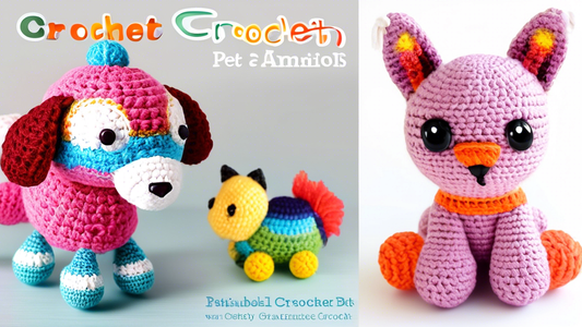 Create an image of a colorful and whimsical crochet pet amigurumi pattern collection, featuring a variety of adorable animals such as cats, dogs, rabbits, and more. The patterns should be fun, inviting, and appealing to crochet enthusiasts of all lev