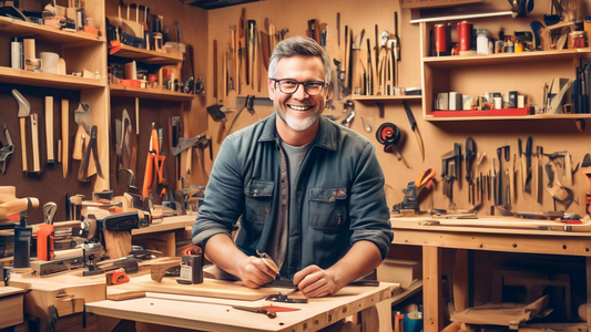 Create an image of a person in a cozy, cluttered workshop, surrounded by various woodworking tools and materials. The person is smiling and focused on a woodworking project, completed woodworking pieces are displayed on shelves in the background. Sho