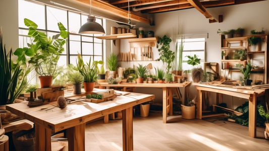 Create an image of a woodworking workshop filled with eco-friendly materials and tools, showcasing innovative sustainable woodworking projects such as a reclaimed wood dining table, a bamboo standing desk, and a set of upcycled wooden planters. The w