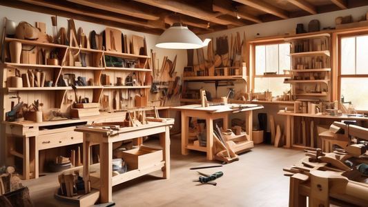 Create an image of a cozy home workshop filled with DIY woodworking projects that are both impressive and budget-friendly. Include various tools like saws, hammers, and drills alongside a diverse selection of wooden pieces at different stages of comp