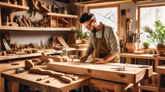 Create an image of a person working in a carpentry workshop, surrounded by various tools and pieces of wood. The person is handcrafting a beautiful wooden furniture piece, showcasing sustainable living through woodworking. The workshop is filled with
